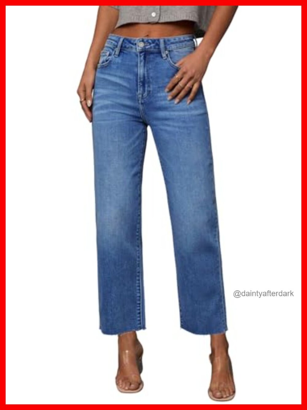 High Waisted Straight Leg Cropped Raw Hem Denim Jeans Stretchy